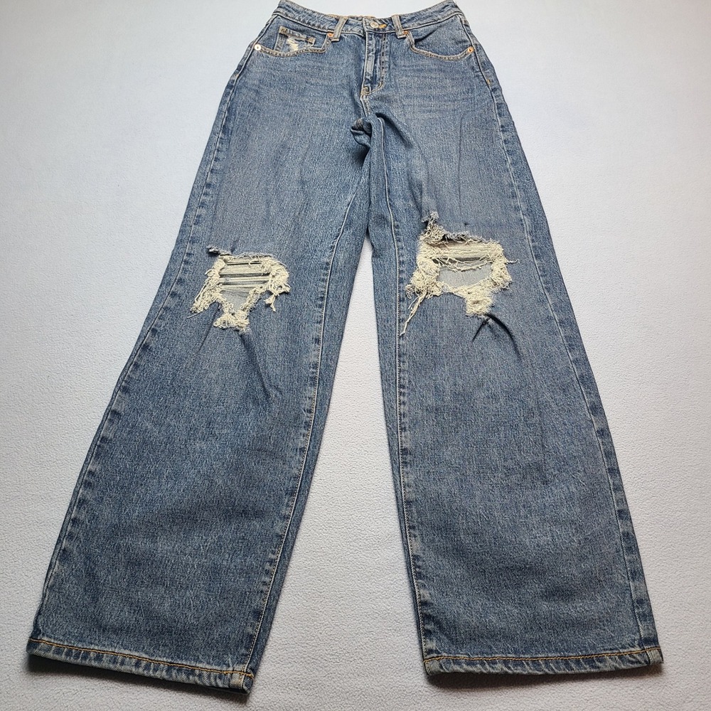 Wild Fable Baggy Jeans Womens 2/26R Blue Excellent Distressed High Rise Wide Leg
